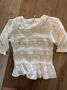 Free People White/Cream Smocked Peplum Puff-Sleeve Blouse